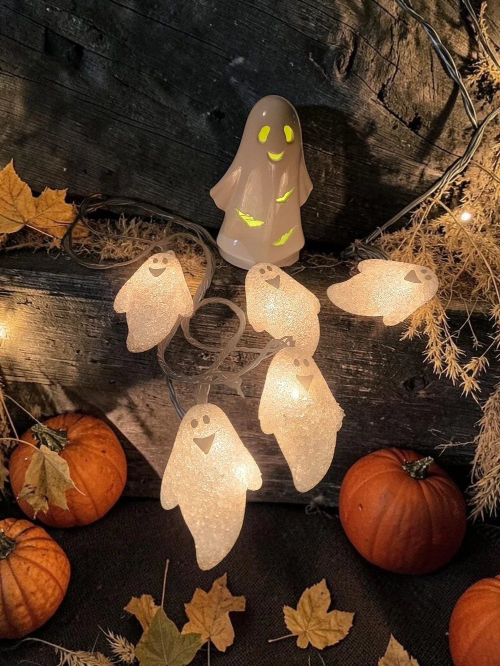Halloween Popcorn Ghost String Lights & Ceramic Light-Up Ghost Set